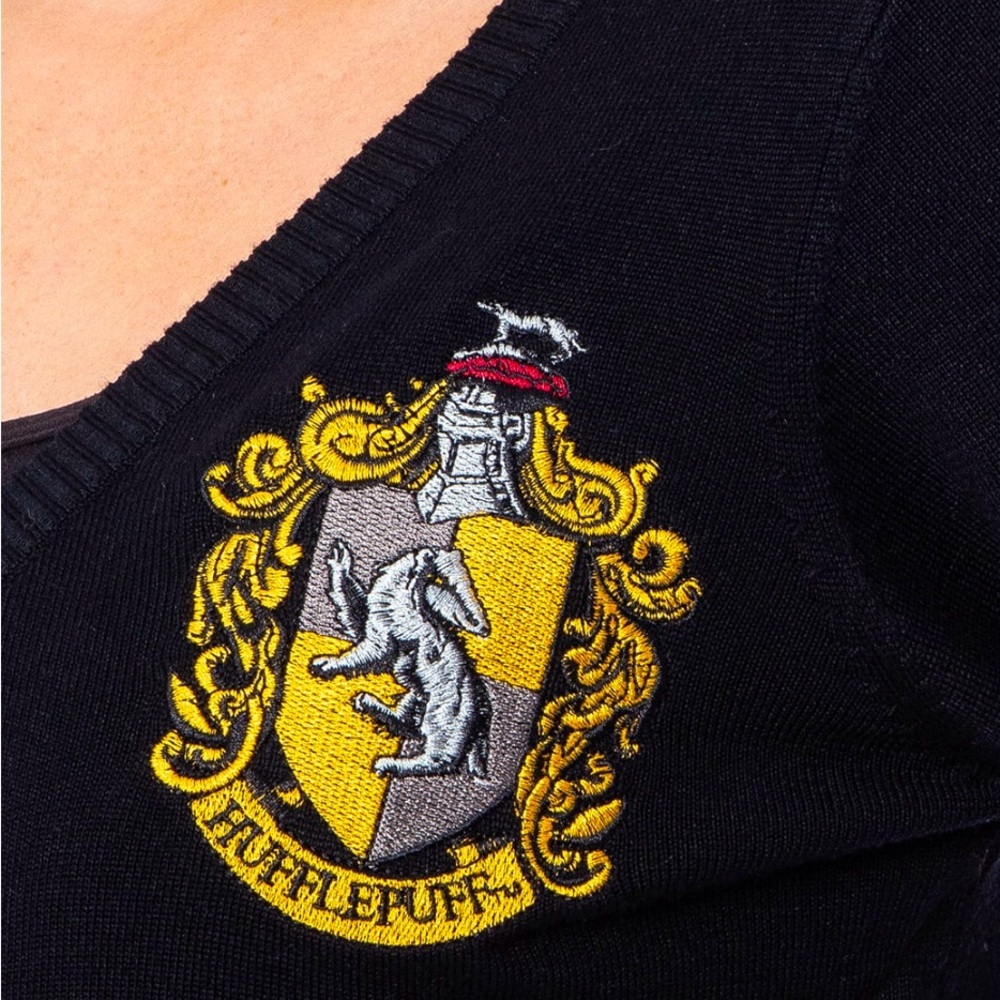 NEW! Harry Potter Hufflepuff House Open Front Knit Cardigan Sweater Black SZ S - Picture 6 of 13